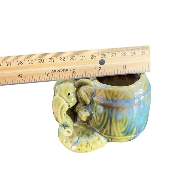 Vintage Majolica Style Pottery Green Elephant Vase Planter Drip Glaze Ceramic - Picture 9 of 15